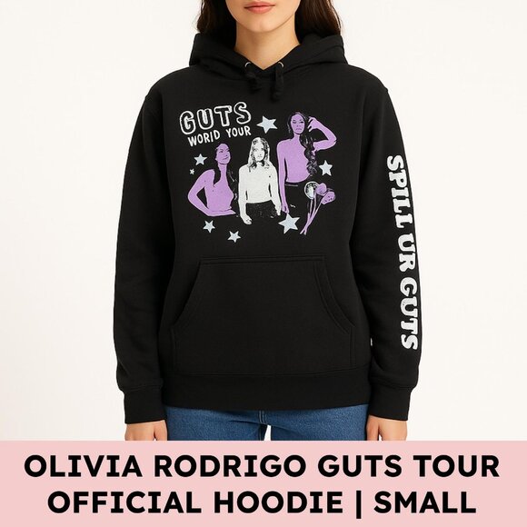 Olivia Rodrigo GUTS Tour Merch Hoodie Black Purple Graphic Spill Ur Guts Small - Picture 1 of 12